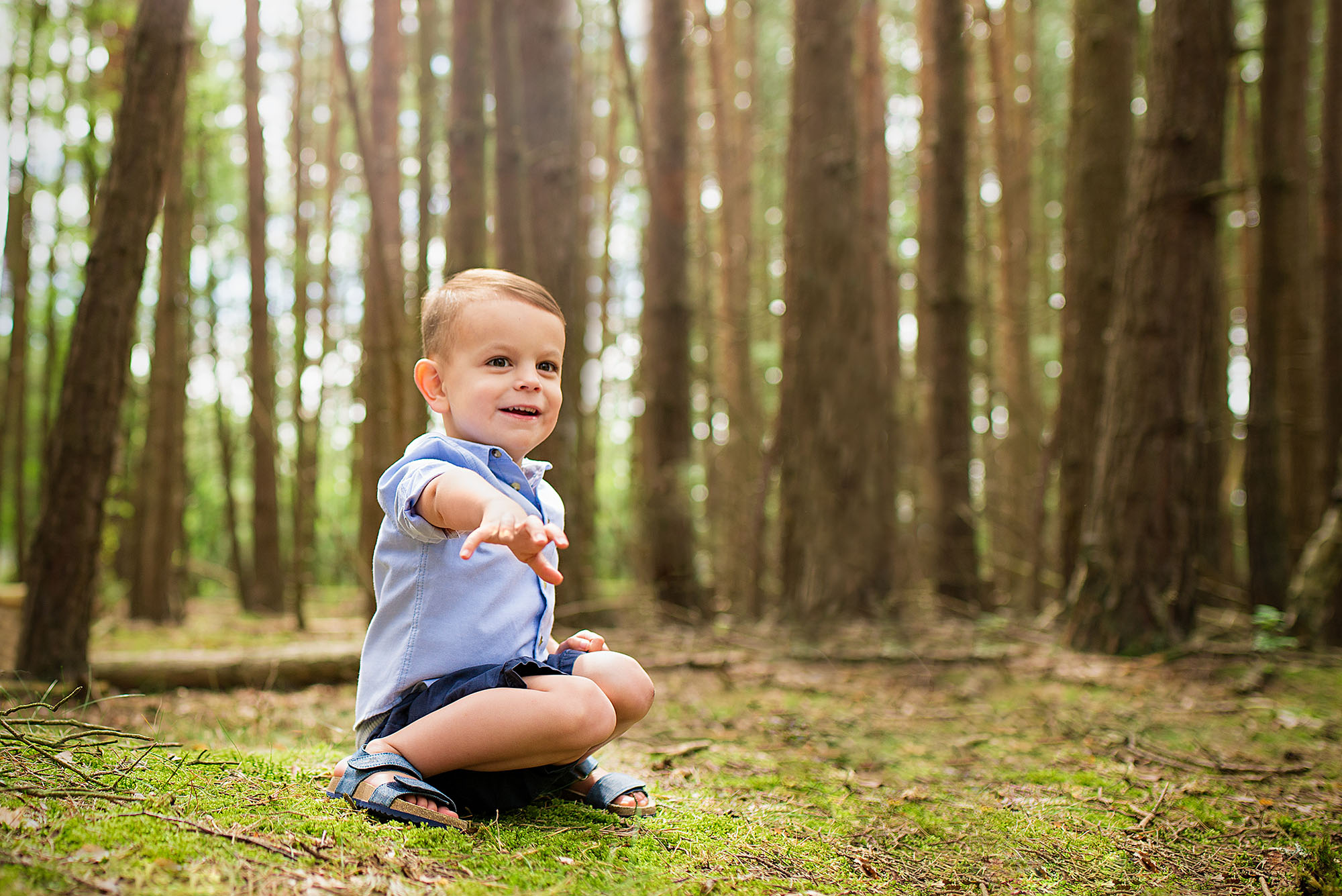 Family photographer Barnsley, boy playing with acorns in woodland